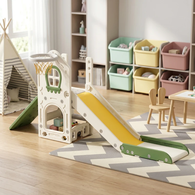 Qaba Foldable 5 in 1 Toddler Slide with Ladder, Climbing Wall, Basketball Hoop, Storage and Basketball for 1-3 Years, Cream