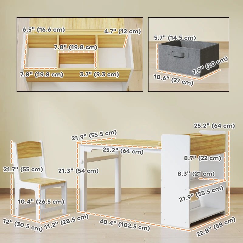 Qaba Kids Table and Chairs Set, Toddler Art Table and Chair Set with Paper Roll, Storage Shelves and Drawers, Natural Wood