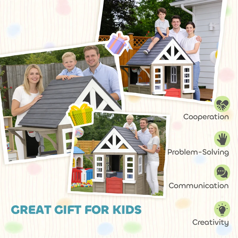 Qaba Outdoor Playhouse, Wooden Kids Playhouse with Dog Door, Flower Box, Cookware & Window for Garden Ages 2+, Gray