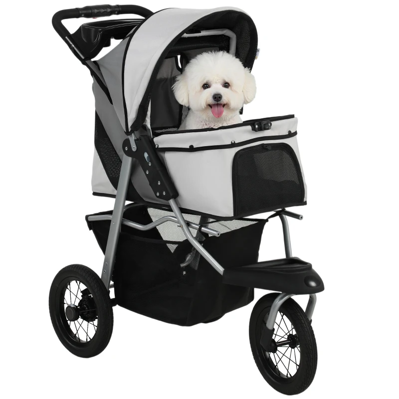 PawHut Dog Stroller, Foldable Dog Stroller with 12" Rubber Wheels for Small Dogs, Up to 22 LBS, Light Gray
