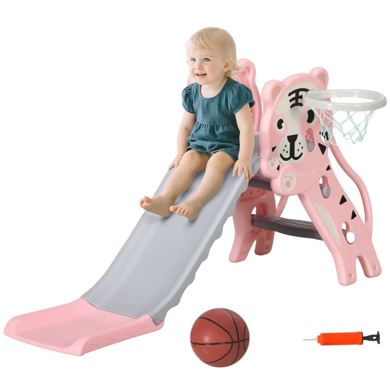 Qaba 3 in 1 Slide for Toddlers, Kids Slide Playset with Basketball Hoop, Climber, for 18-36 Months, Pink