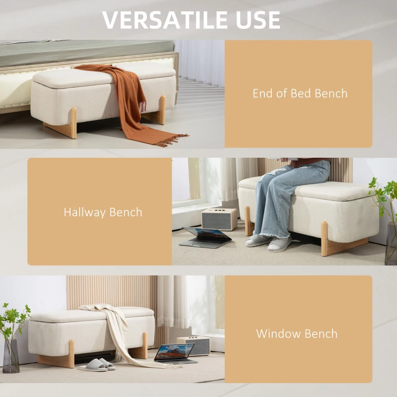 HOMCOM Storage Ottoman with Linen-Look Upholstery, Storage Bench with Safety Hinges and Wooden Legs for Bedroom, Cream White