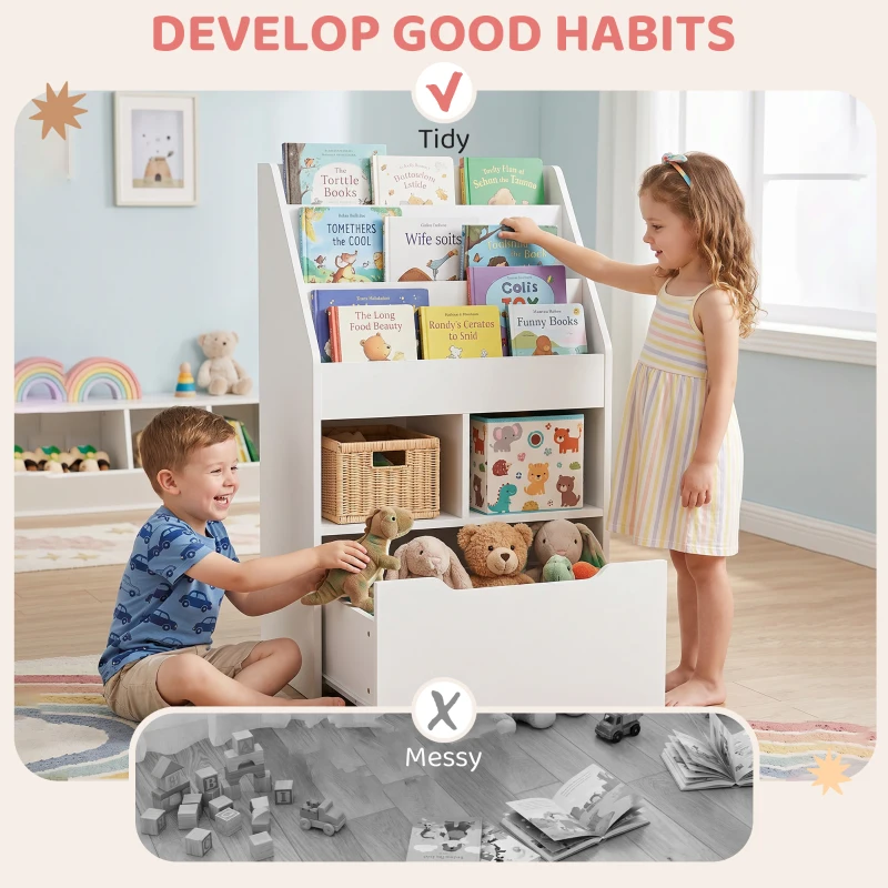 HOMCOM Kids Bookshelf Bookcase, Montessori-Inspired 4 Tier Large Capacity Rack Organizer with Moveable Drawer for Books for Reading Nook, Classroom, Bedroom, Playroom, White