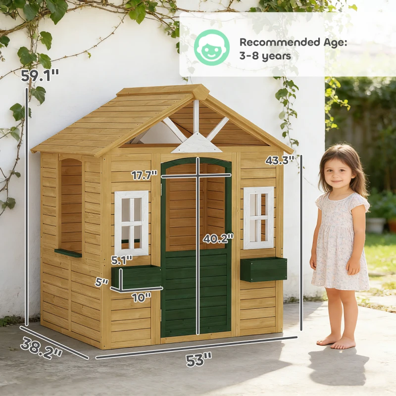 Qaba Outdoor Playhouse, Wooden Kids Playhouse with Door, 3 Windows, 2 Flower Boxes for Garden, Indoor Playroom, Ages 3–8