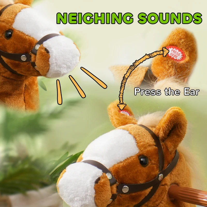 Qaba Ride on Horse, Plush Riding Pony for Ages 3-5, Walking Horse Animal with Wheels Neighing for Active Play, Brown