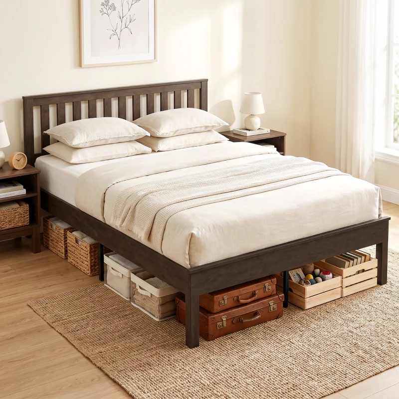 HOMCOM Queen Size Bed Frame with Headboard and Footboard, Mid-Century Modern Wood Platform Bed Frame, Walnut