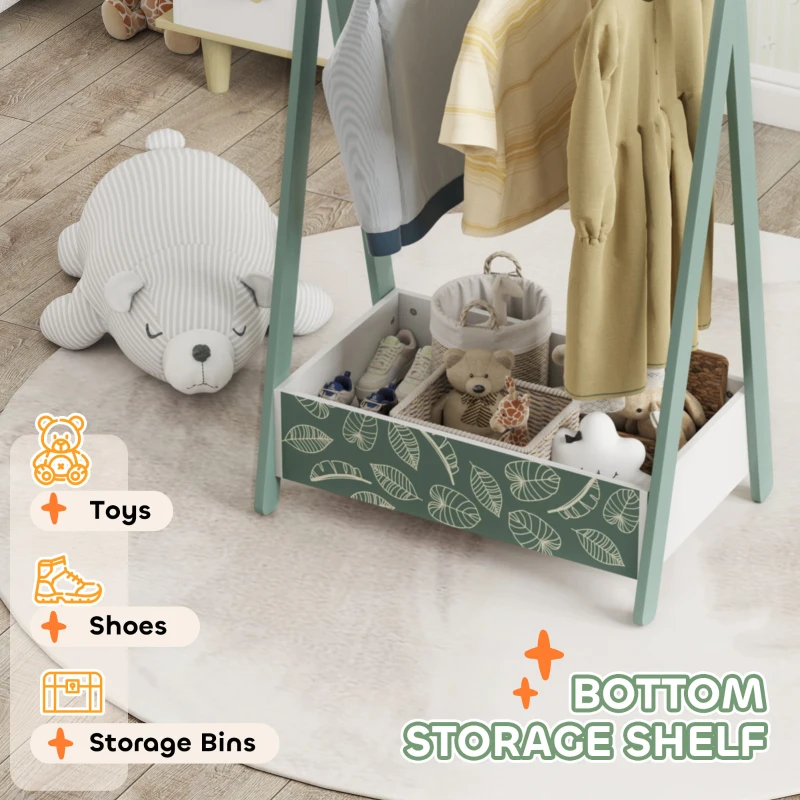Qaba Kids Clothing Rack with Storage Shelf, Hangers, for Nursery Room, Living Room, Playroom, Green