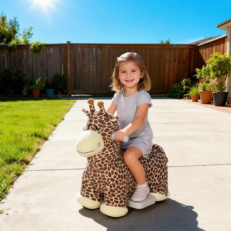 Qaba Kids Electric Ride On Giraffe, 6V Battery Powered Ride On Toy with Washable Cover, Music for 1.5-5 Years, Brown
