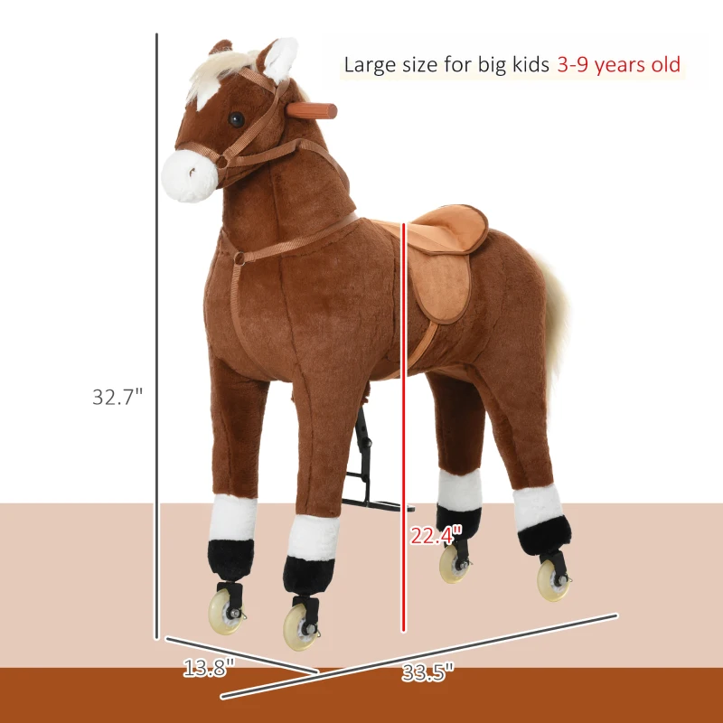 Qaba Kids Ride-on Walking Horse with Easy Rolling Wheels, Soft Huggable Body, & a Large Size for Kids 3-9 Years