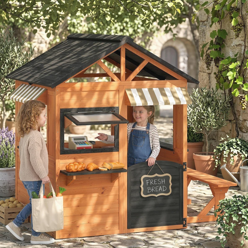 Qaba Wooden Kids Playhouse with Play Kitchen, Picnic Bench, Serving Station, Windows and Door for Backyard, Ages 3–8, Brown