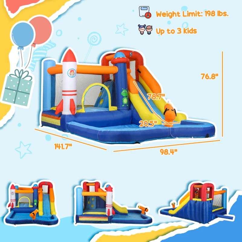 Qaba 5 in 1 Inflatable Bounce House, Water Slide with 550W Blower, Splash Pool, Trampoline, Climbing Wall, Cannon