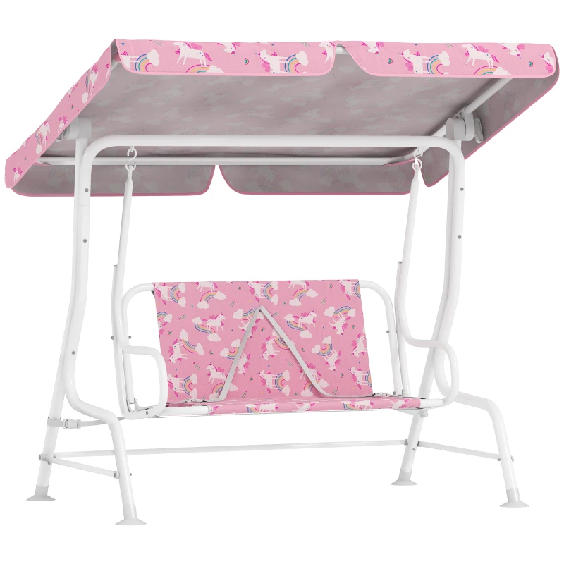 Qaba Kids Porch Swing, 2-Seater Patio Swing Bench with Safety Belts, Adjustable Canopy for Backyard, Garden, Pink