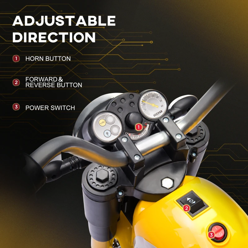 Aosom Electric Motorcycle for Kids, 6V Battery Powered Ride-On Dirt Bike 3-Wheels Motorbike with Horn Headlights Realistic Sounds Speed for 18 - 36 Months Yellow