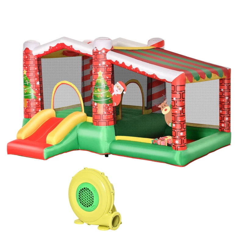 Outsunny 3-in-1 Kids Inflatable Bounce House Christmas Jumping Castle with Christmas Tree Pattern, Includes Trampoline, Pool, Slide, Carry Bag, Repair Patches and Air Blower