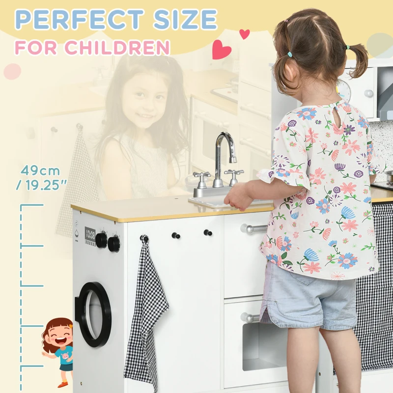 Qaba Kids Wooden Kitchen Playset with Sound Effects and Tons of Countertop Space, Wooden Corner Play Kitchen Set with Washing Machine, Imaginative Toy Pretend Restaurant, Ages 3-6, White