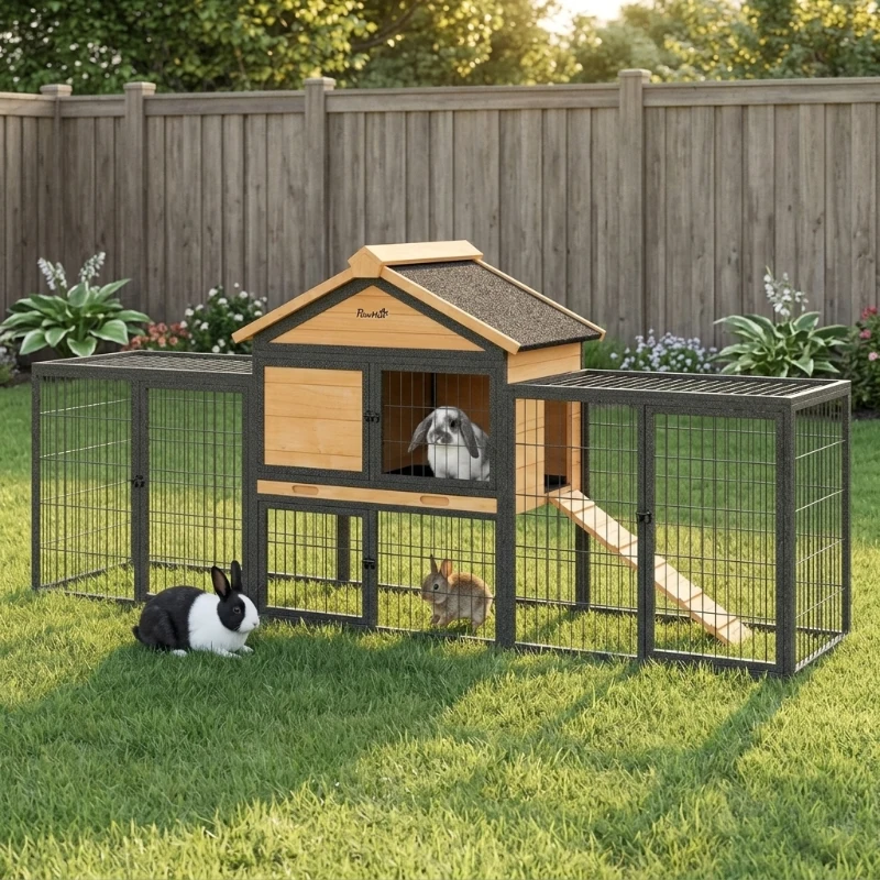 PawHut Wooden Rabbit Hutch Outdoor, 85" Large Bunny Cage with Steel Run, Removable Plastic Tray, Asphalt Roof, Ramp