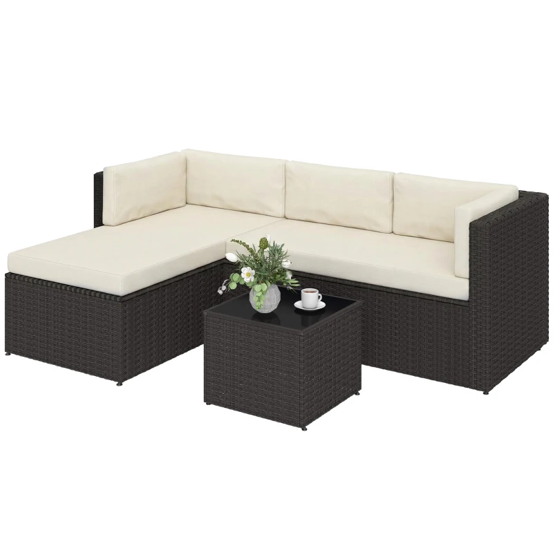 Outsunny 3 Piece Patio Furniture Set, Wicker Outdoor Patio Conversation Furniture Set with Cushions, Glass Top Table, Beige