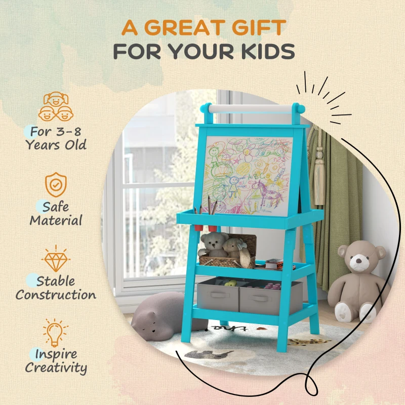 Qaba Double Sided Easel for Kids, Standing Toddler Easel with Paper Roll, Magnetic Whiteboard, Chalkboard & Storage, Blue