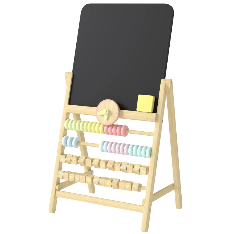 Qaba Wooden Kids Art Easel with Double-Sided Chalkboard, Clock, Abacus, Blackboard Eraser for Painting, for Ages 2+, Natural