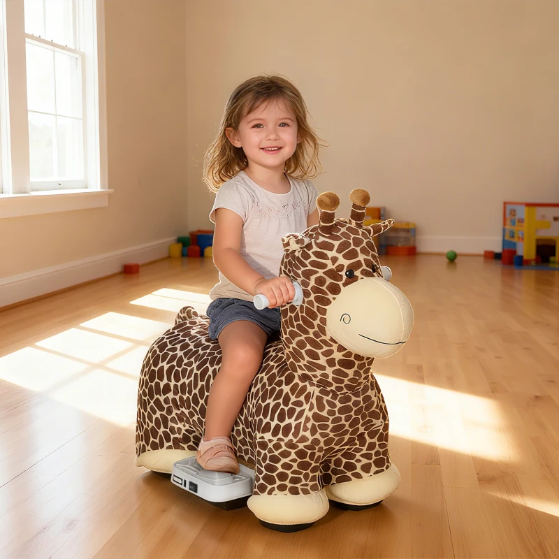 Qaba Kids Electric Ride On Giraffe, 6V Battery Powered Ride On Toy with Washable Cover, Music for 1.5-5 Years, Brown