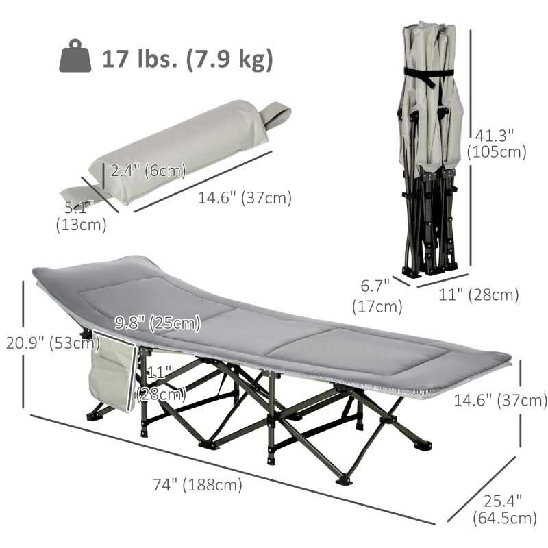 Outsunny Folding Camping Cot with Mat & Pillow, Double Layer Oxford Heavy Duty Sleeping Cot with Carry Bag Light Grey