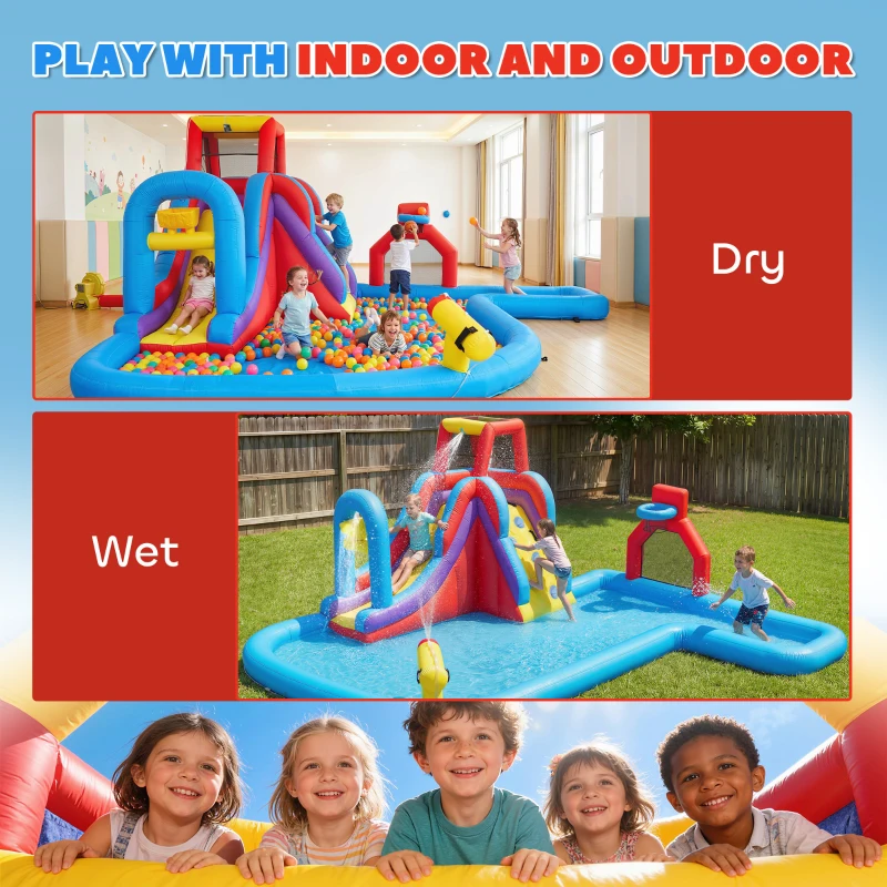 Qaba Inflatable Water Slide 6 in 1 with 480W Blower, Bounce House with Climbing Wall, Splashing Pool, Basketball Hoop