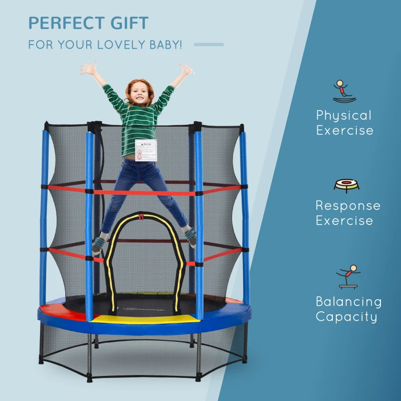 Outsunny Φ5FT Kids Trampoline with Enclosure Net for Age 3 to 6 Years, Mixed Color