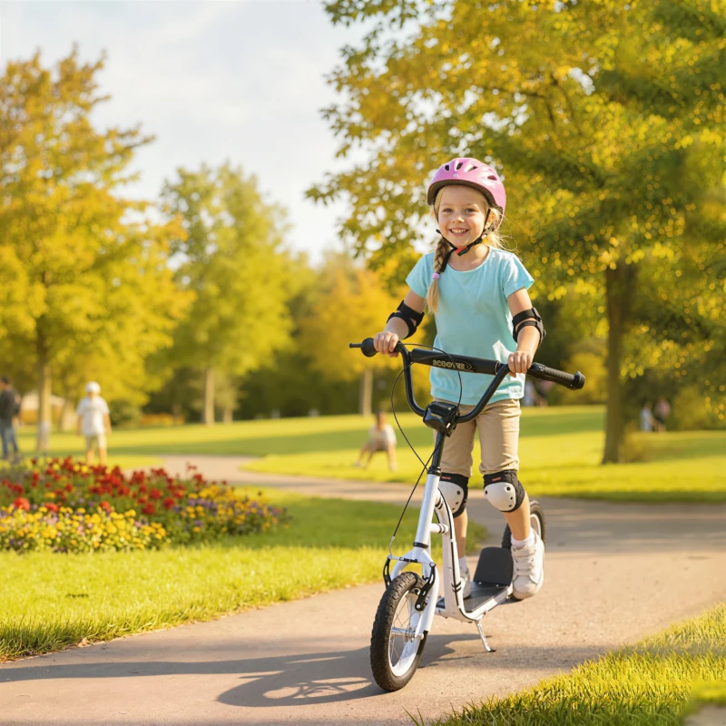 Aosom Youth Scooter Front and Rear Caliper Dual Brakes 12-Inch Inflatable Front Wheel Ride On Toy For Age 5+ - White