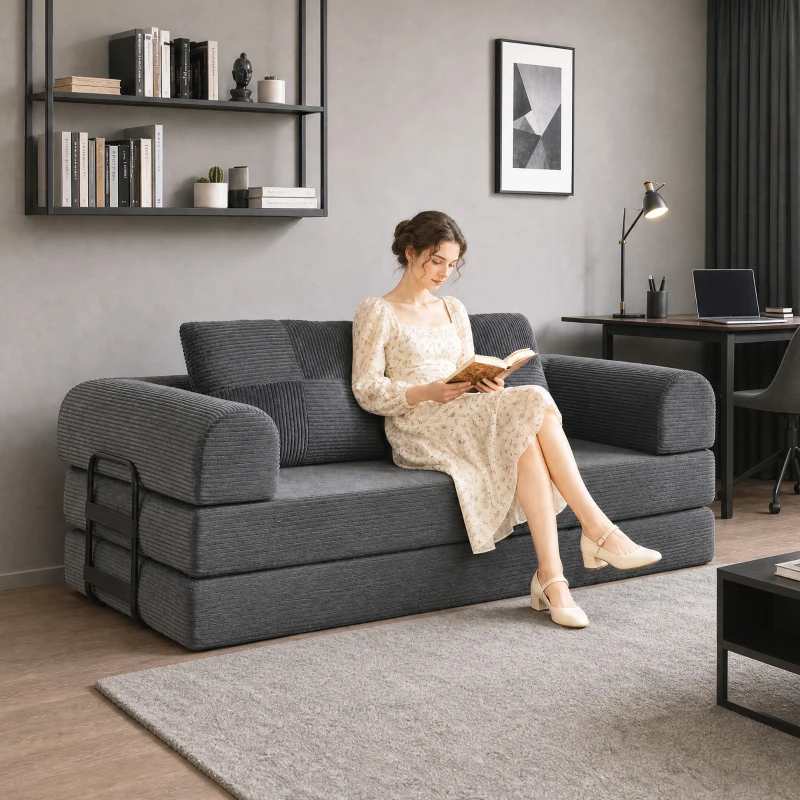 HOMCOM 5-in-1 Convertible Sofa Bed, L-Shaped Loveseat Reversible Sleeper Sofa with 2 Pillows, Dark Grey