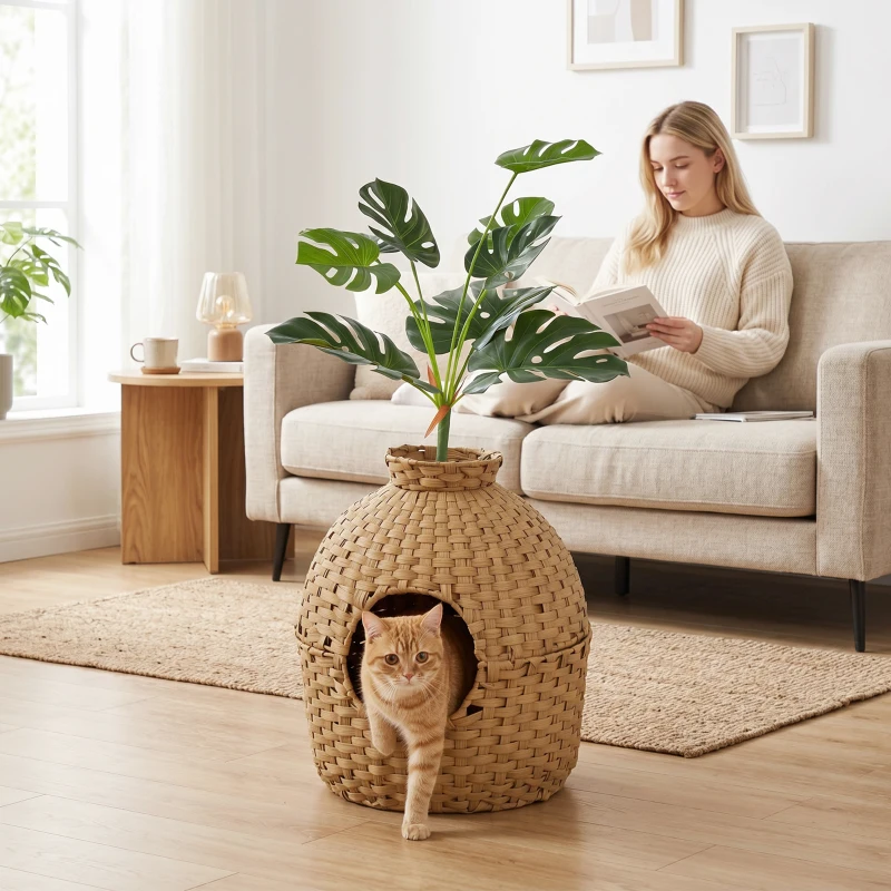 PawHut Hidden Cat Litter Box Enclosure with Faux Plant & Stainless Steel Tray for Bedroom, Living Room, Corner