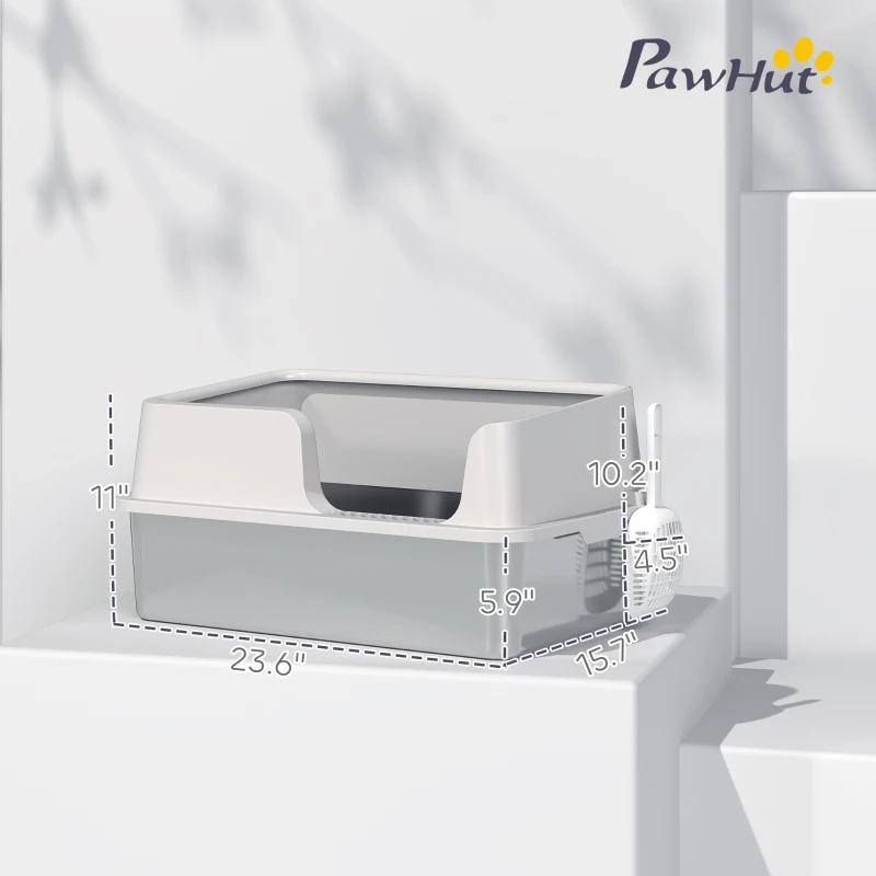 PawHut Stainless Steel Litter Box with High Side, Scoop, Easy Cleaning & Anti-Urine Leakage, for Big Cats, Light Gray