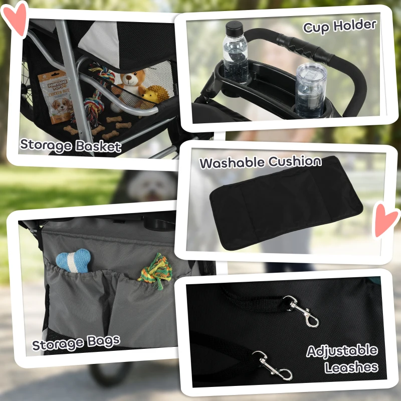 PawHut Dog Stroller, Foldable Dog Stroller with 12" Rubber Wheels for Small Dogs, Up to 22 LBS, Light Gray