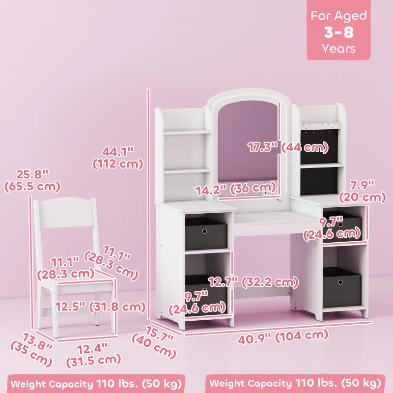 Qaba Kids Vanity Table and Chair, Toddler Dressing Table and Chair Set with Lighted Mirror for Little Girls, White