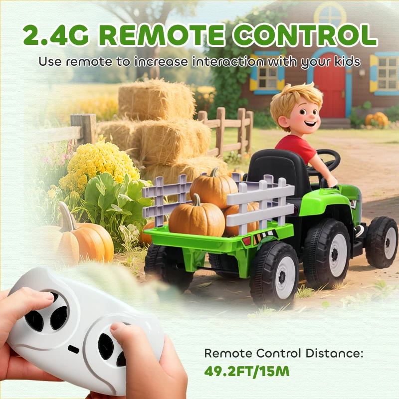 Aosom 12V Ride on Tractor with Trailer, 25W Dual Motors, Battery Powered Electric Tractor with Remote Control, Music Startup Sound and Horn, LED Lights, Green