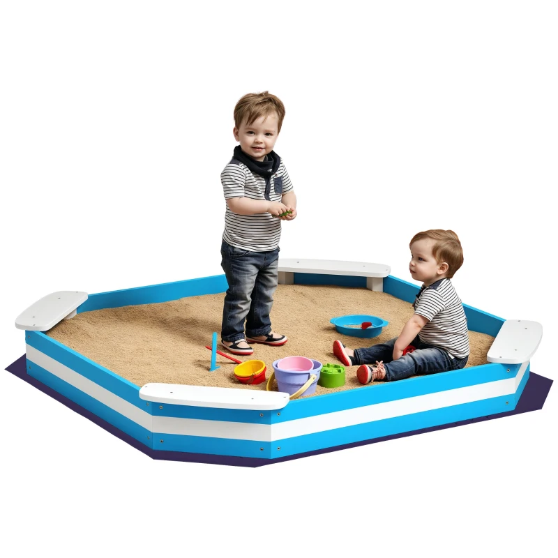 Qaba Kids Sandbox with 4 Corner Seats, Bottom Liner for Backyard, Garden, Outdoor, 52" x 52" x 6", Blue