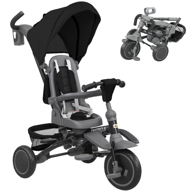 Qaba 6 in 1 Toddler Tricycle for 1-5 Years Old with Push Handle, Removable Canopy, Rotatable Seat, Black