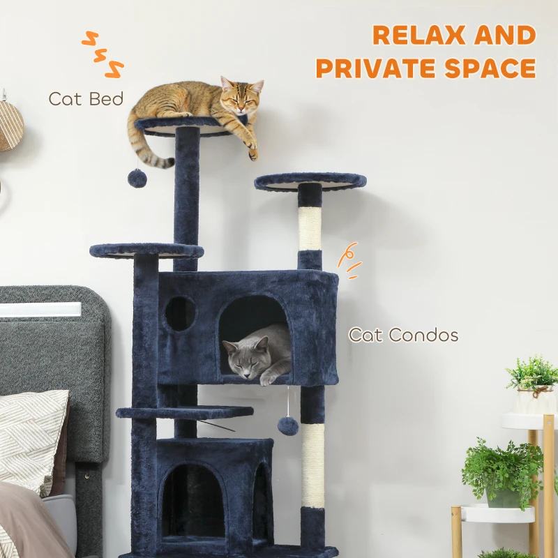 PawHut 63" Cat Tree, Multi-Level Cat Tower with Scratching Posts, Cat Condos, Bed, Platforms, Ramp, Toy Ball, Dark Blue