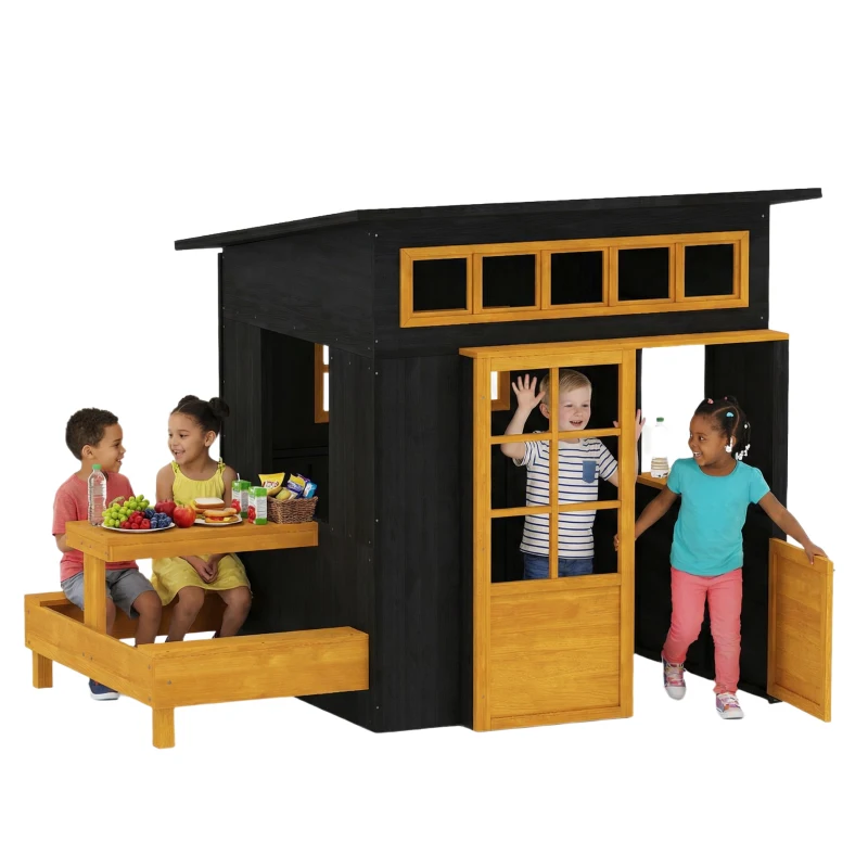 Qaba Outdoor Playhouse, Wooden Kids Playhouse w/ Picnic Table & Benches, Chalkboards, Half Door, Windows, for Kids Ages 3-8