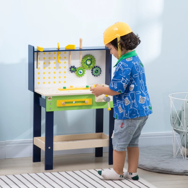 Qaba Wooden Kids Tool Bench with 27 Piece Tool Kit, Construction Work Shop Toy for Toddlers & Ages 3-6, Kids Workbench Playset Gift for Girls and Boys