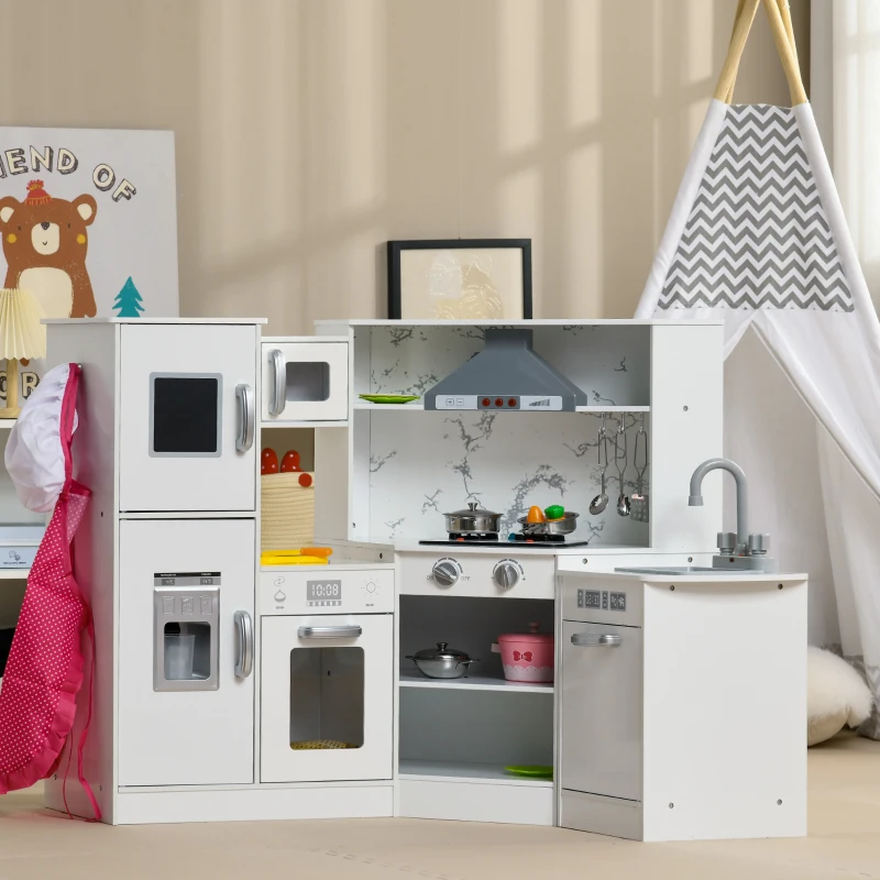 Qaba Play Kitchen Set for Kids w/ Apron and Chef Hat, Ice Maker White