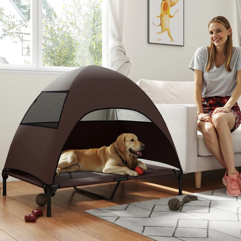 PawHut Elevated Dog Bed with Canopy Raised Dog Bed  Washable Mesh Steel Frame 41.7" x 29.9" x 39" Coffee