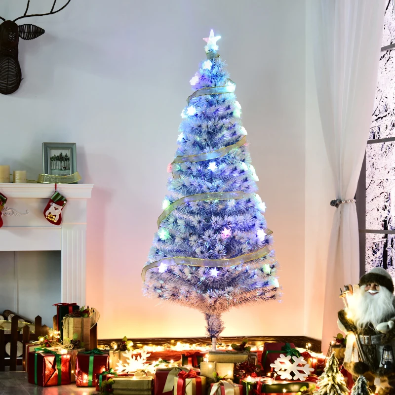 HOMCOM 5ft Tall Pre-Lit Douglas Fir Artificial Christmas Tree with Realistic Branches, Multi-Color LED Lights, Fiber Optics and 180 Tips - White/Blue