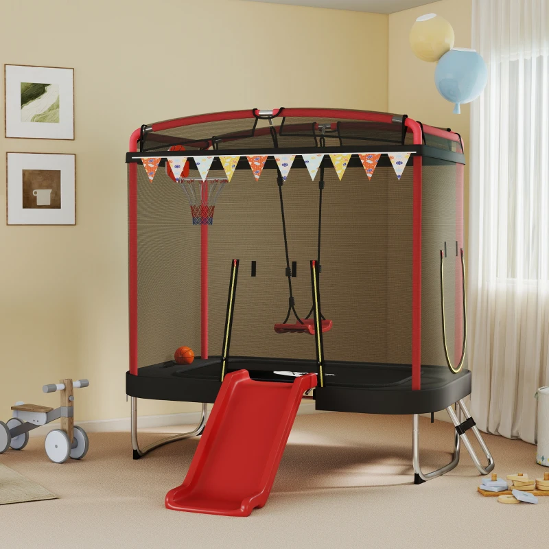 Qaba 4 x 6FT Trampoline for Kids Indoor & Outdoor with Slide, Swing, Basketball Hoop and Safety Enclosure, Red