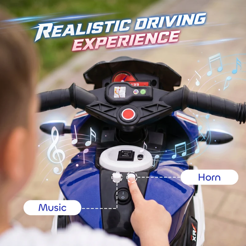 Qaba Kids Electric Motorcycle Ride-On Toy with 3 Wheels, Music, Horn, Lights, Blue