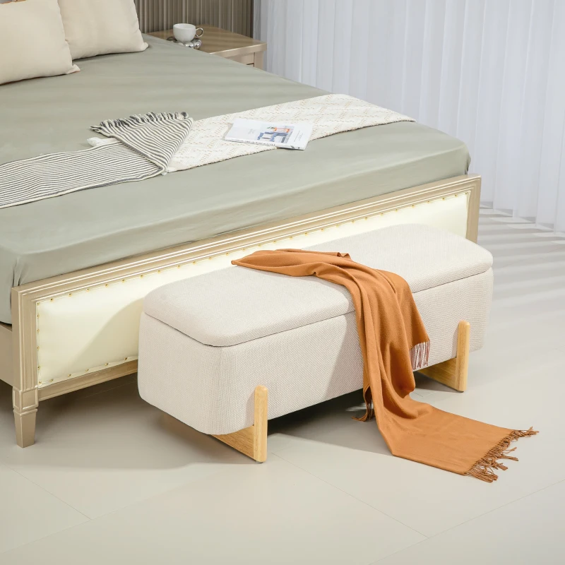 HOMCOM Storage Ottoman with Linen-Look Upholstery, Storage Bench with Safety Hinges and Wooden Legs for Bedroom, Cream White