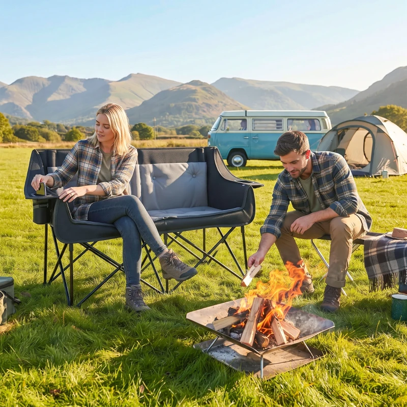 Outsunny Heated Double Camping Chair, Oversized Folding Padded Camp Loveseat Couch with 3 Heat Levels and 4 Heating Zones