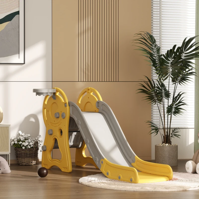 Qaba 3 in 1 Toddler Slide with Basketball Hoop, Climber, Duck Pattern for Kids 1-3 Years, Yellow
