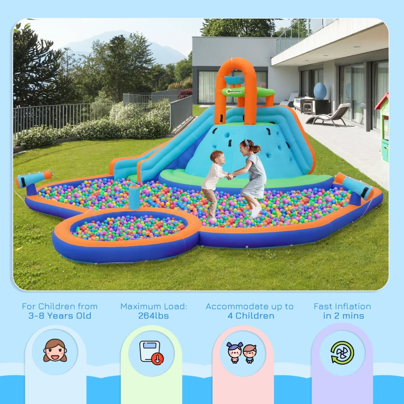 Outsunny 4 in 1 Kids Bounce House w/ Slide, Pool, Climbing Wall, Water Cannon, Blower, Carrying Bag for 3-8 Years