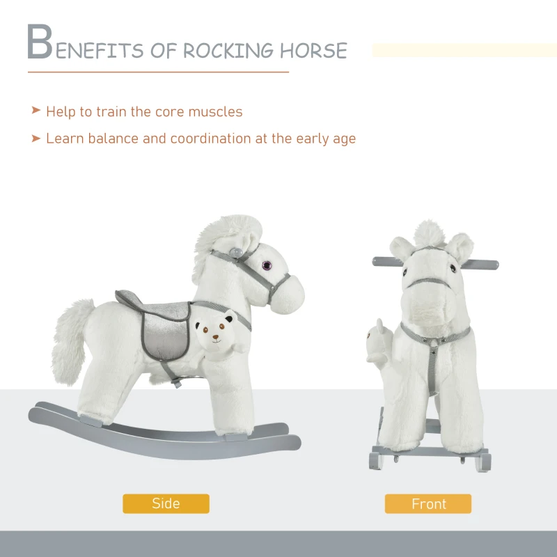 Qaba Kids Rocking Horse with Bear Toy, Plush Animal Rocker with Fun Realistic Sounds for Toddler 18-36 Months, White