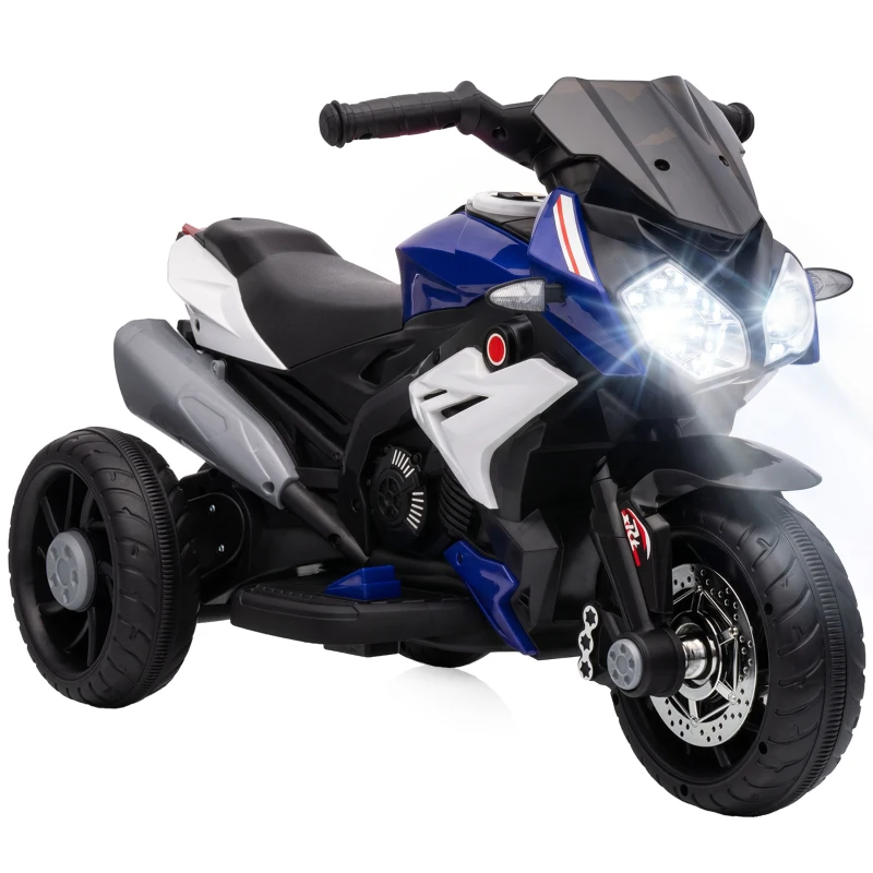 Qaba Kids Electric Motorcycle Ride-On Toy with 3 Wheels, Music, Horn, Lights, Blue